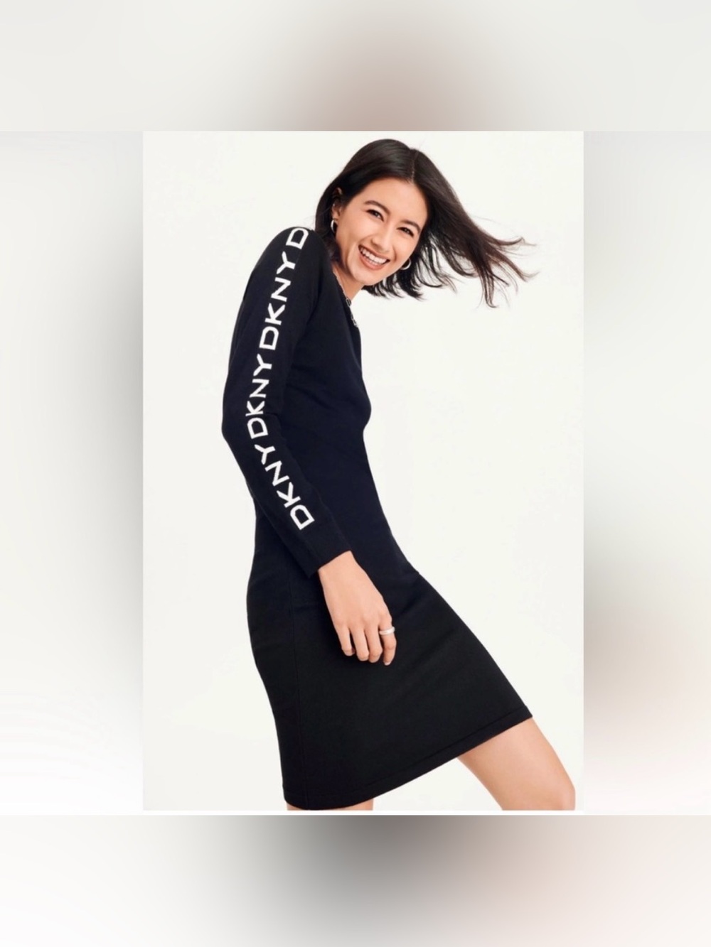 DKNY Black Long-Sleeve Logo-Trim Sweater Dress